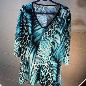Susan Graver Women Teal and Black Animal Print V-Neck Tunic 1X Sequins NWOT